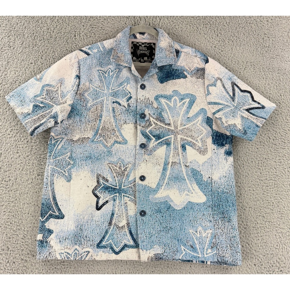 Rebel Vengeance Tapestry Shirt Mens Large Blue Gothic Cross Woven Button Down